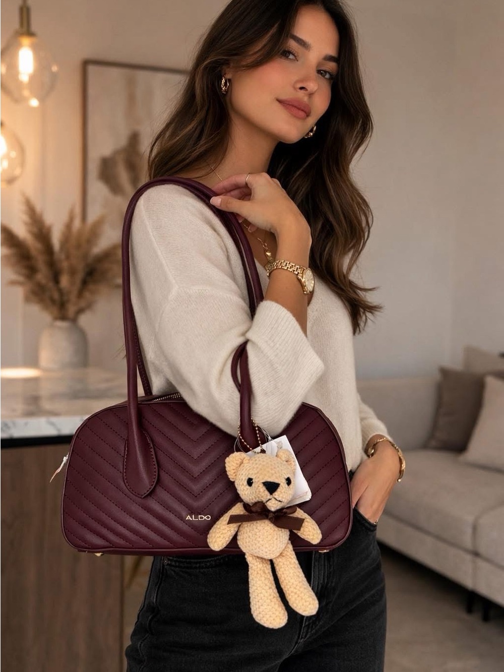 ALDO Quilted Dome Shoulder Bag in Burgundy